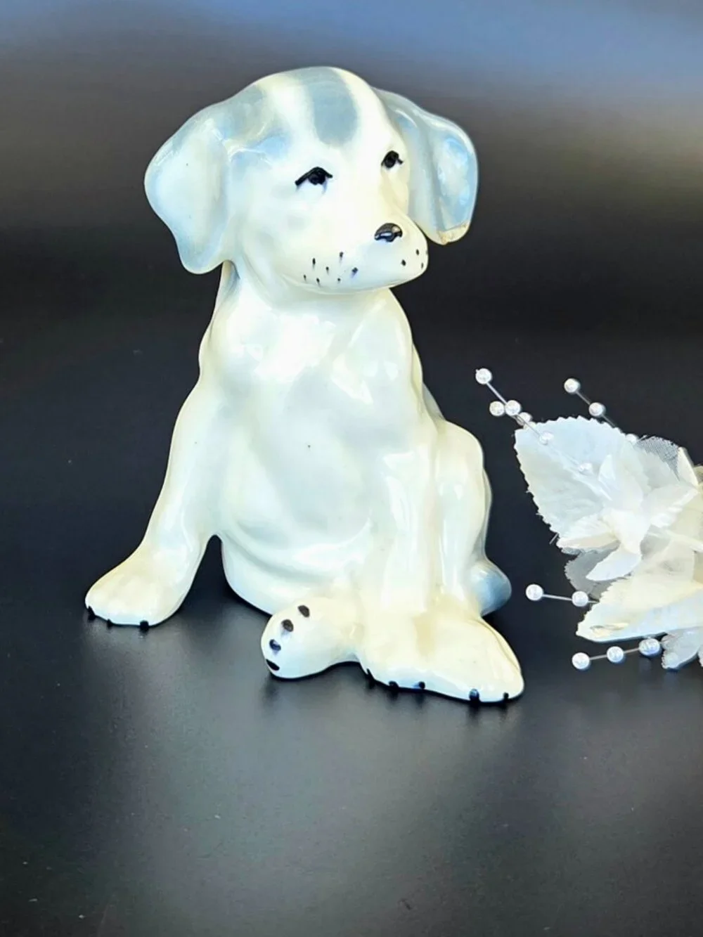 Vintage Ceramic/Porcelain White & Blue Dog Figurine –Cute Decorative Collectible